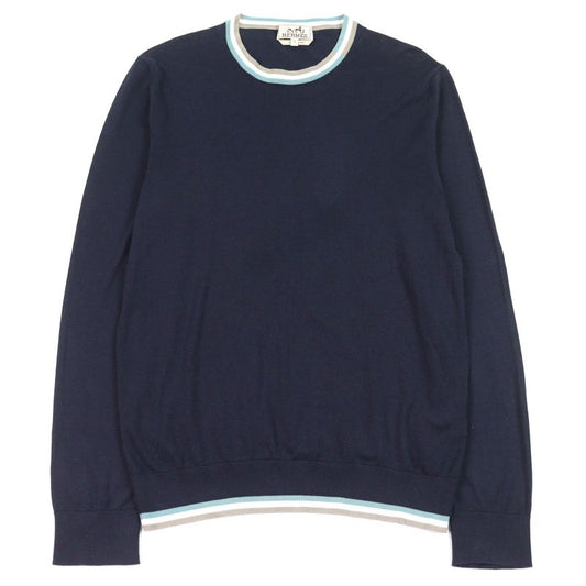 Hermes 2022 100% Cotton Crewneck Tipline Sweater Knit Navy S Made In Italy
