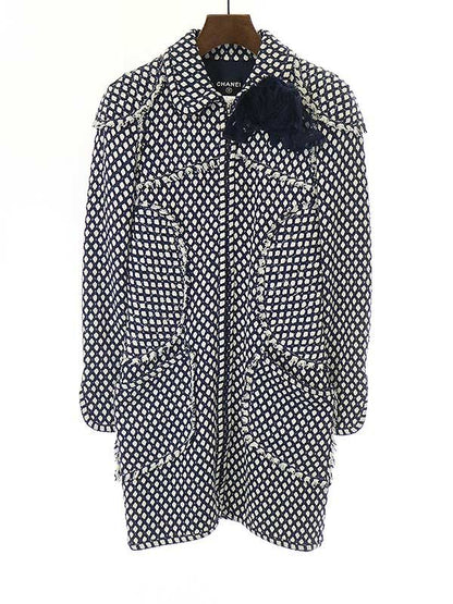 Chanel 2008 Flower Bijoux Tweed Zip Coat Navy 38