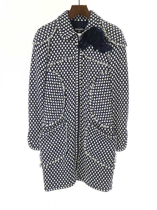 Chanel 2008 Flower Bijoux Tweed Zip Coat Navy 38