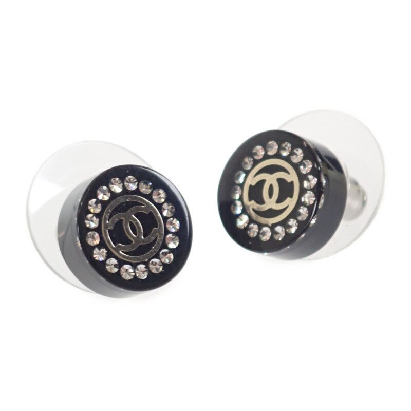 Chanel CC Round 17A Earrings Rhinestone Black Silver Hardware Ladies [AB Rank]