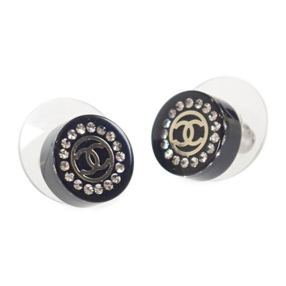 Chanel CC Round 17A Earrings Rhinestone Black Silver Hardware Ladies [AB Rank]
