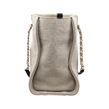 Chanel Tote Bag Deauville MM A67001 Canvas Chain Logo Beige Black Gold Hardware