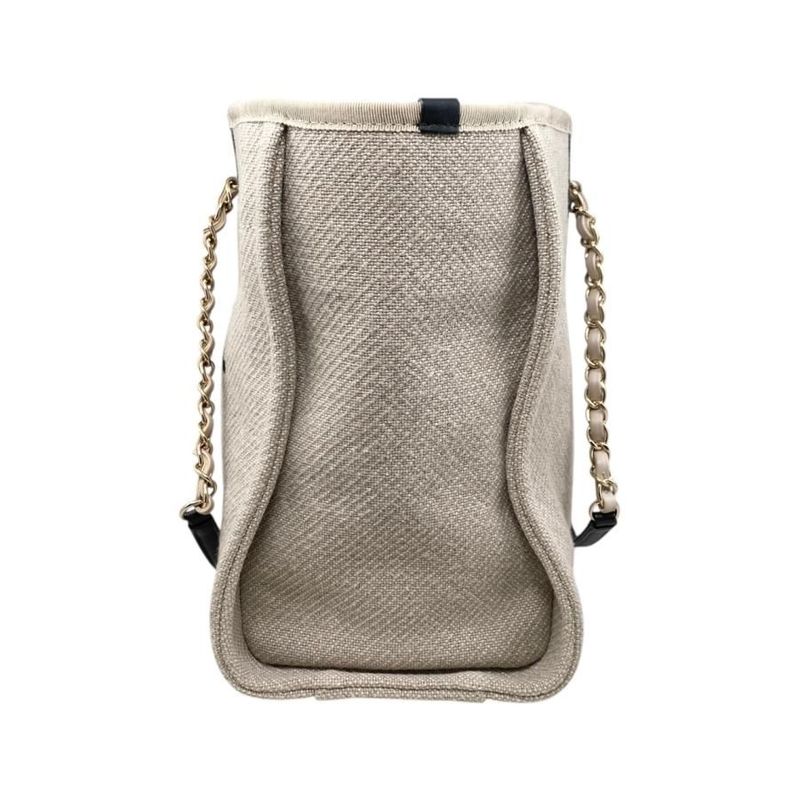 Chanel Tote Bag Deauville MM A67001 Canvas Chain Logo Beige Black Gold Hardware