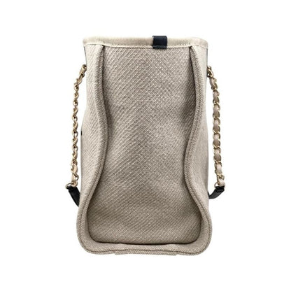 Chanel Tote Bag Deauville MM A67001 Canvas Chain Logo Beige Black Gold Hardware