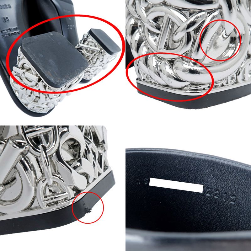 Hermes Sandals Glossy - 60 BK Black Silver - Size 38 Chaine D'ancre