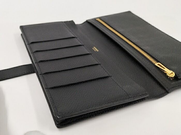 Hermes Bearn Souffle Folding Long Wallet Vaux Epson Leather Black Stamped D