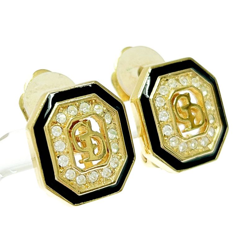 Christian Dior GP Rhinestone CD Logo Earrings Women's Gold Black 343556 Earrings