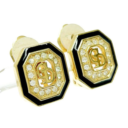 Christian Dior GP Rhinestone CD Logo Earrings Women's Gold Black 343556 Earrings
