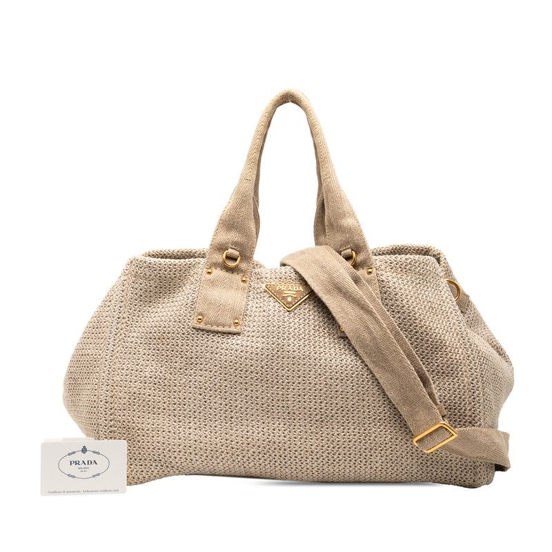Prada Triangle Logo Plate Tote Shoulder Bag 2WAY Bn2038 Beige Linen Canvas