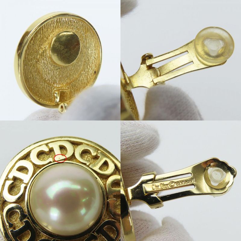 Christian Dior Earrings CD Logo Metal Gold Plated Accessories Faux Pearl Ladies