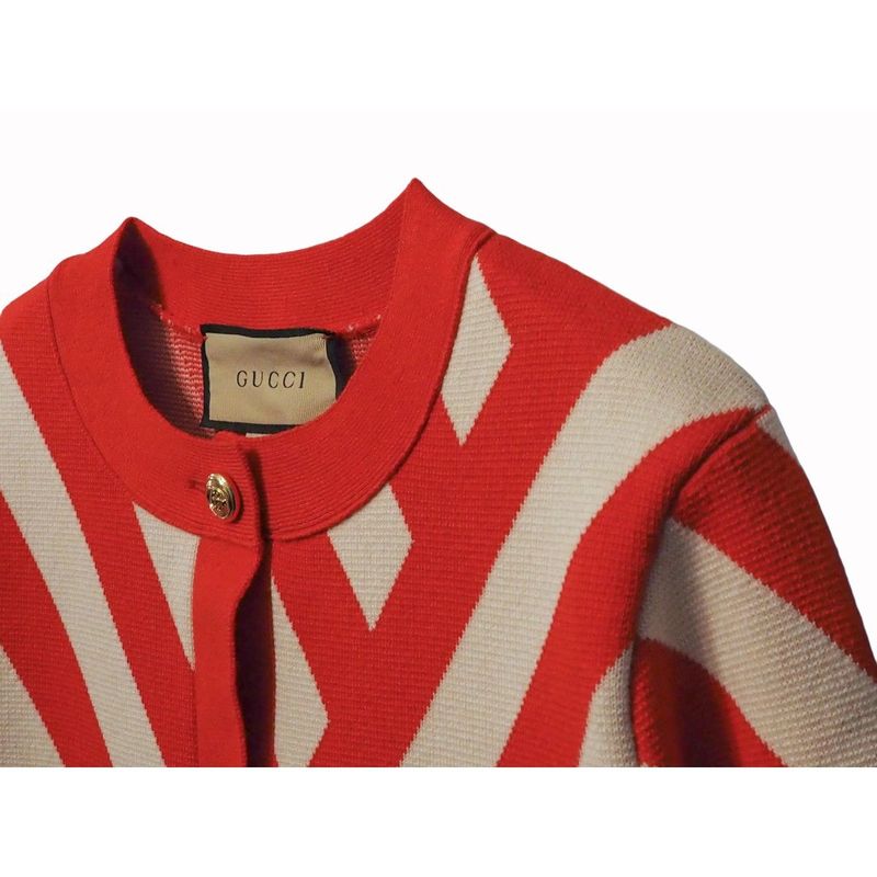Gucci Striped Cardigan Womens Wool Red Ivory Gold Tone Double G