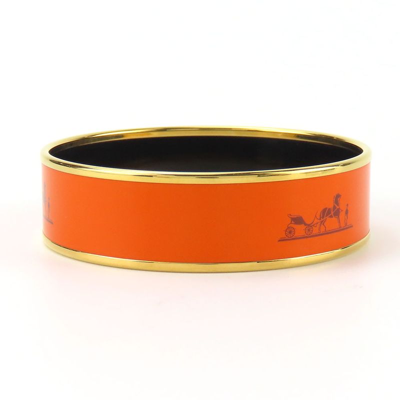 Hermes Bangle Emile GM Metal Cloisonne Orange Carved Gold Hardware Bracelet