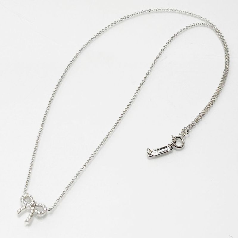 Tiffany & Co 18k Diamond Necklace Metro Bow Mini Pendant White Gold