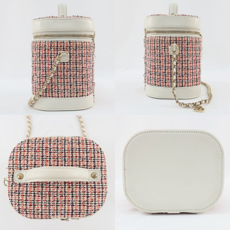 Chanel Vanity Case Chain Shoulder Coco Mark Tweed White Gold Hardware