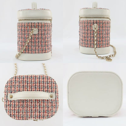 Chanel Vanity Case Chain Shoulder Coco Mark Tweed White Gold Hardware