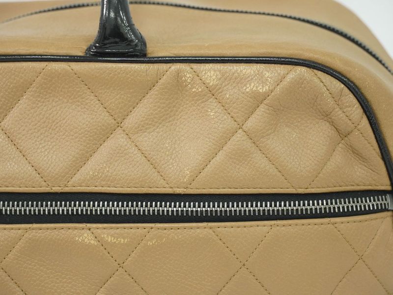 Authentic Chanel Logo Matelasse Boston Bag Handbag Caviar Skin Leather Pink