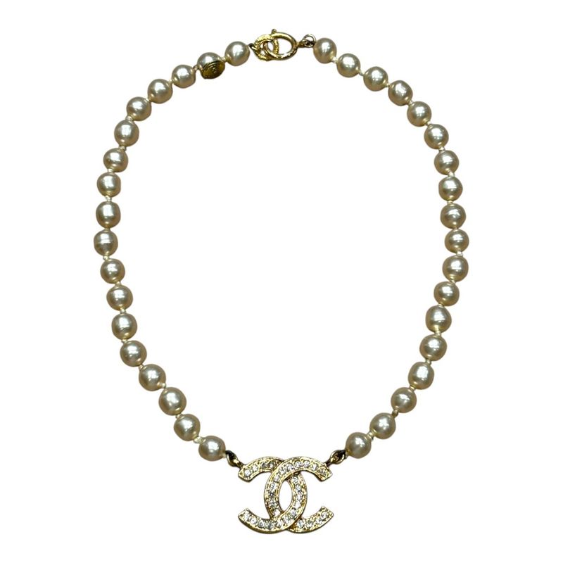 Chanel Coco Mark Pearl Necklace Women White FREE