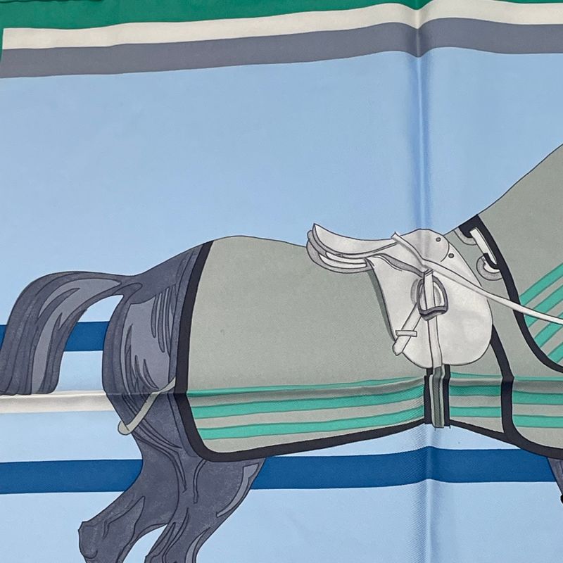 Hermes Scarf With Horsehair Cheval A La Couverture Silk Blue