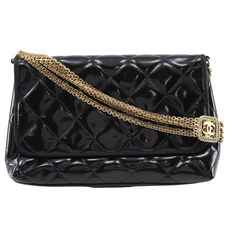 Chanel Chain Shoulder Matelasse Chain With Coco Mark Enamel Black Ladies