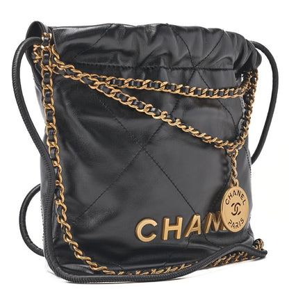 Chanel 22 Mini Calfskin Black Drawstring Chain Shoulder Bag With Gold Hardware