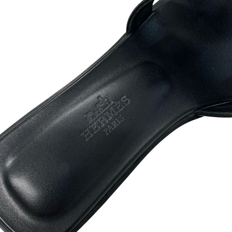 Hermes Oran Sandals Shoes Leather Black Flat Sandals Mules