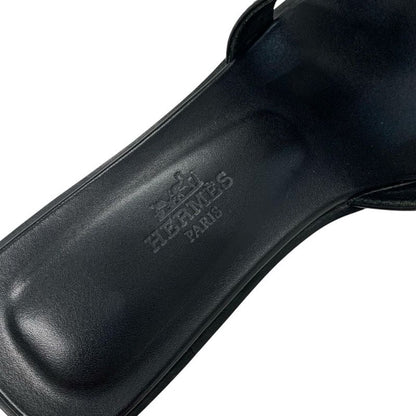 Hermes Oran Sandals Shoes Leather Black Flat Sandals Mules