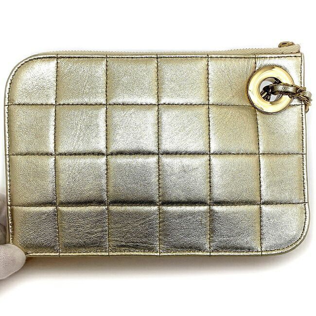 Chanel Clutch Bag Gold Choco Bar Excellent Condition Leather Lambskin