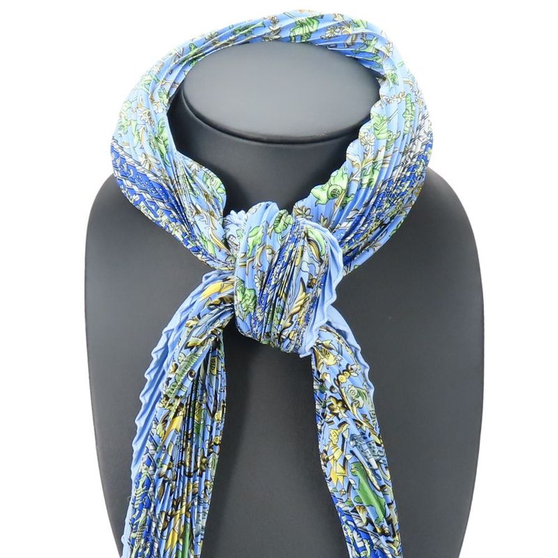 Hermes Scarf Pleated Carre 90 Indian Hunting Chasse EN INDE Silk Blue Multicolor