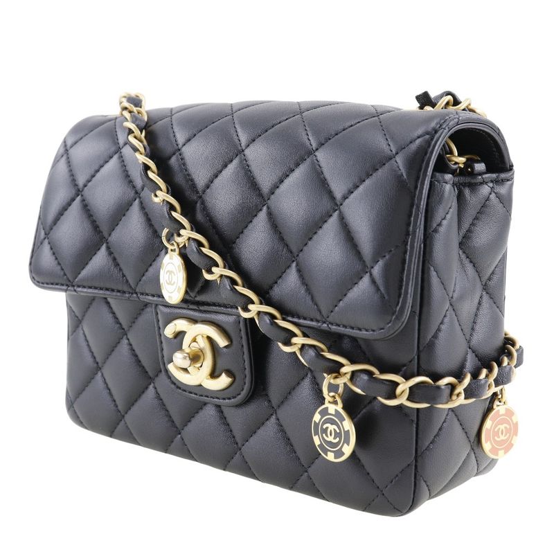Chanel Matelasse Chain Shoulder Coco Mark Charm Calf Black Women's Shoulder Bag