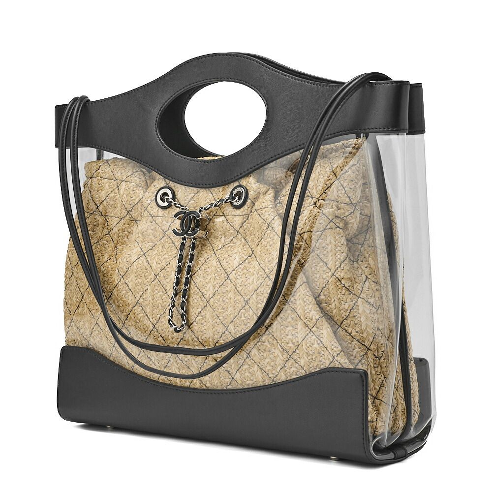 Chanel Matelasse Chain Shoulder Tote 2way Lambskin Straw Black Coco Mark