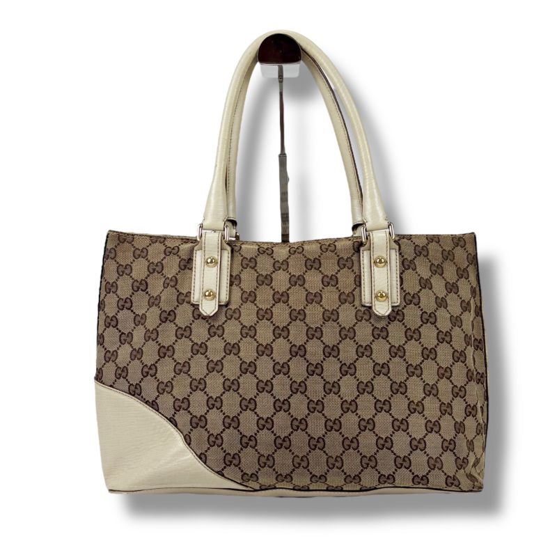Gucci Tote Bag Hustler Bit Horsebit GG Canvas White Brown Leather Shoulder