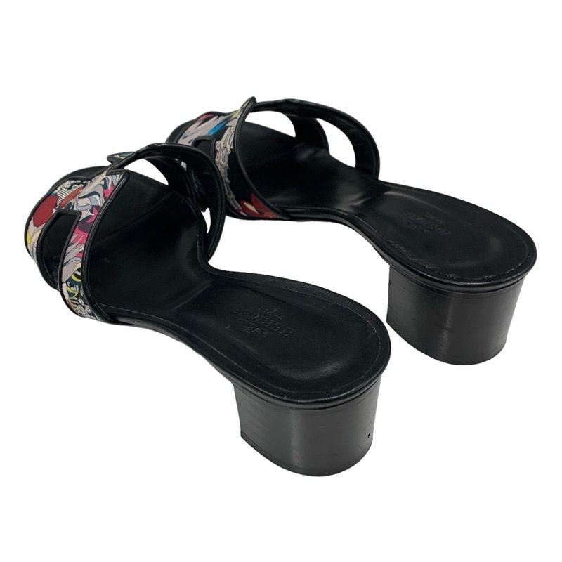 Hermes Oasis Sandals Shoes Leather Fabric Black Multicolor Mules