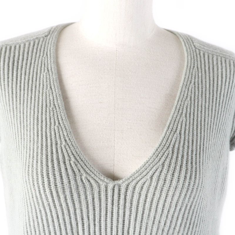 Hermes Cashmere Blend V-neck French Sleeve Ribbed Knit Tunic Dress Gray 36 Made