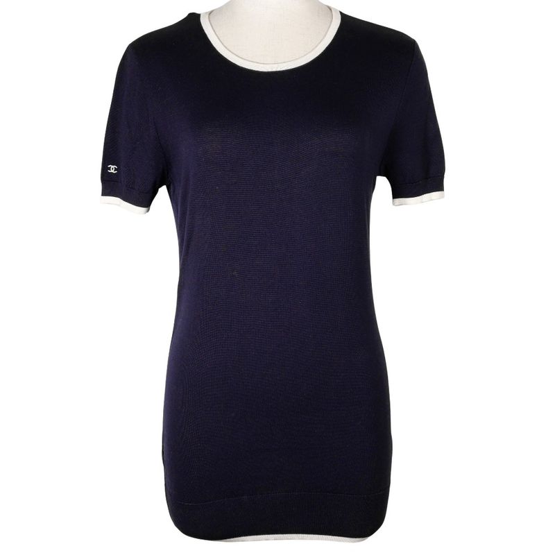 Chanel Short Sleeves 96P P06382 Cotton Navy Blue Ladies Knit