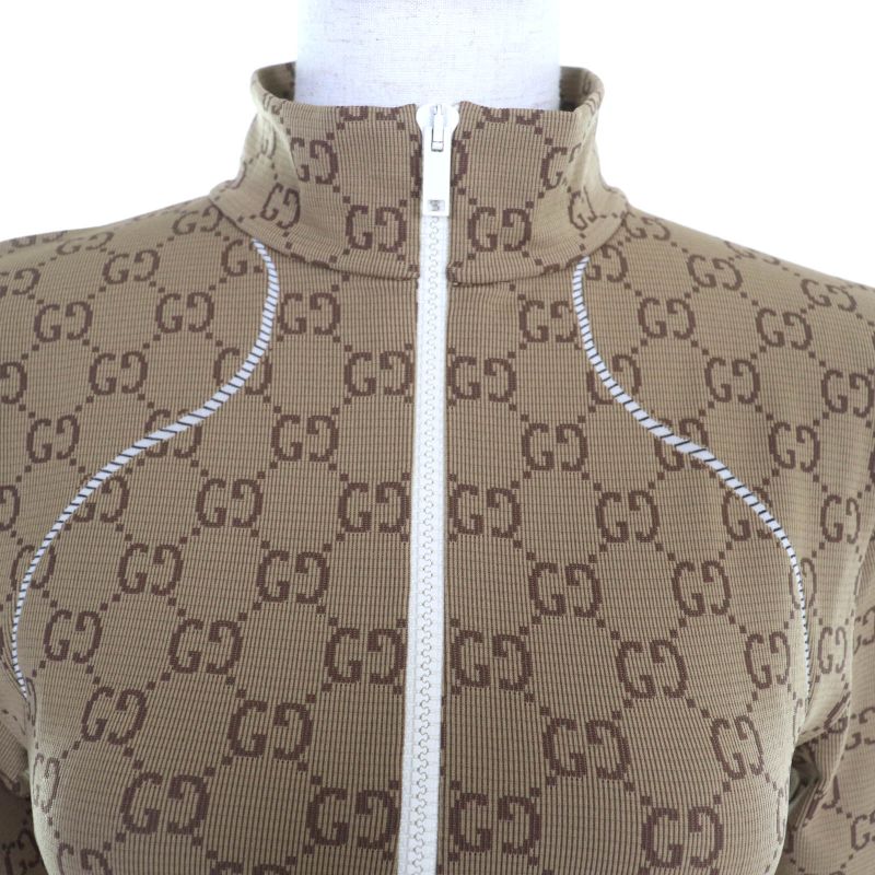Gucci 23SS 715524 GG Pattern Half Zip Cropped Jersey Top Beige Brown M Made In