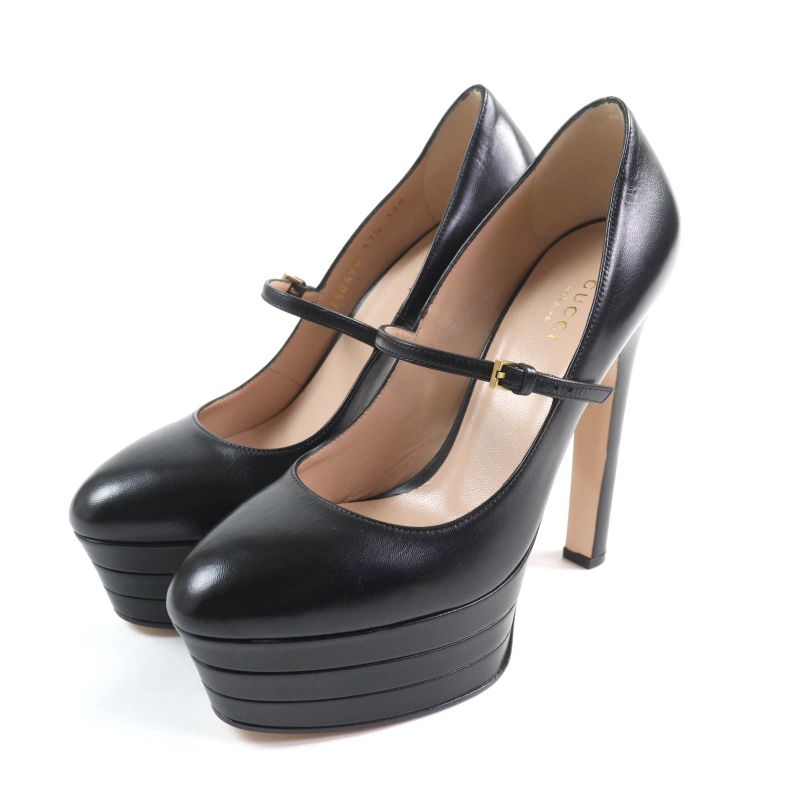 Gucci 750490 Belt Design Almond Toe Thick Sole Leather Pumps Black 37.5 Made In