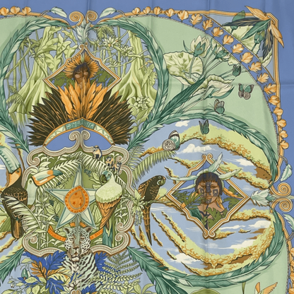 Hermes Scarf Carre 90 Amazonia 100% Silk Blue