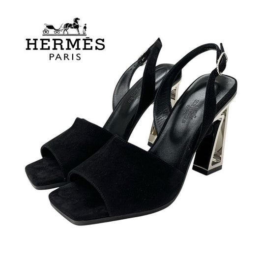 Hermes Crystal 105 Sandals Shoes Suede Black Silver Strap