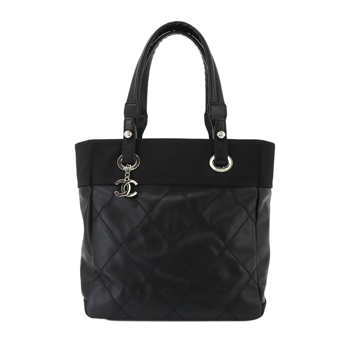 Chanel Paris Biarritz PM Tote Bag Nylon Leather Black Silver