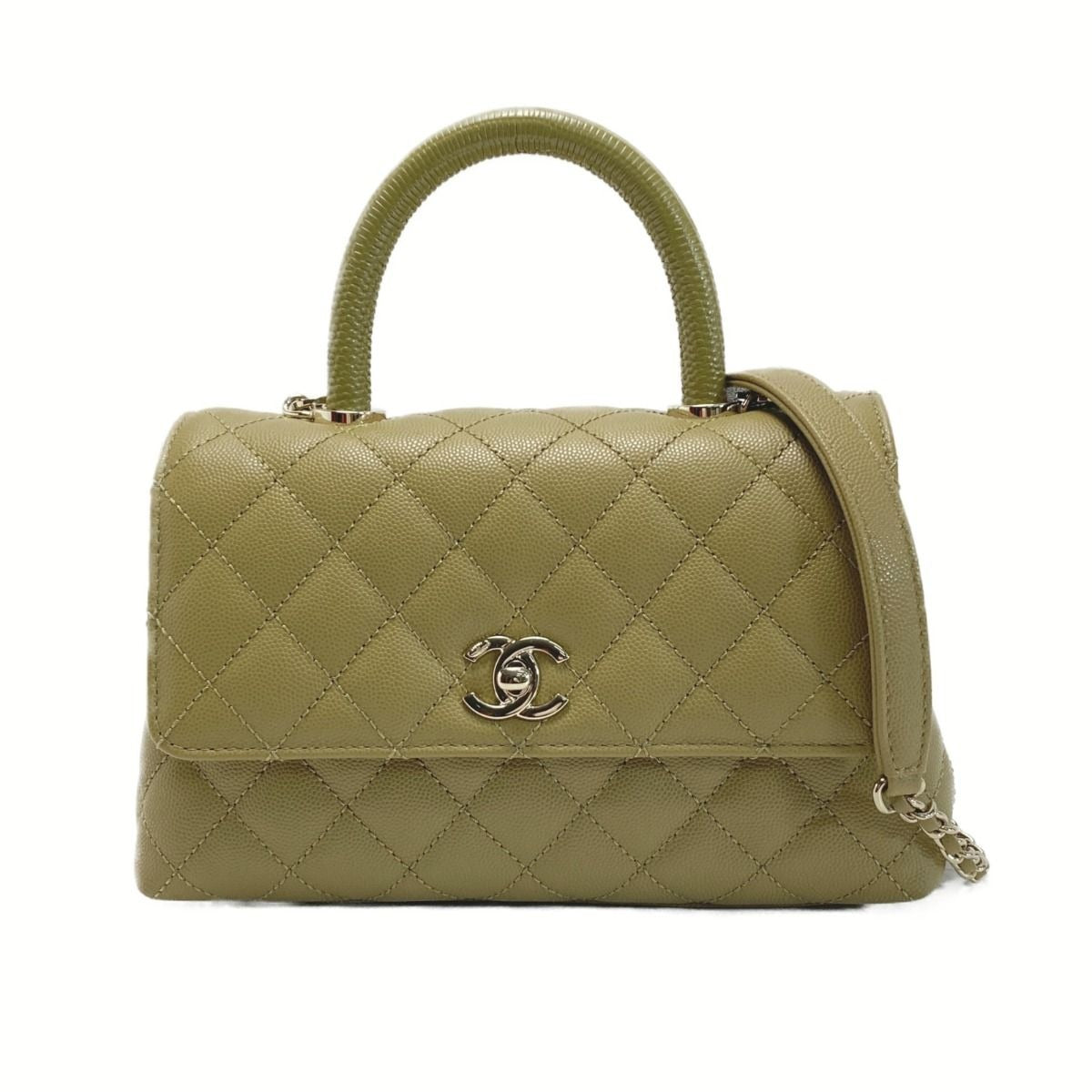 Chanel Quilted Coco Handle XS Handbag Olive Caviar Leather Chain