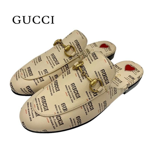 Gucci Prince Town Flat Shoes Leather Beige Red Gold Mule Slipper Sandals