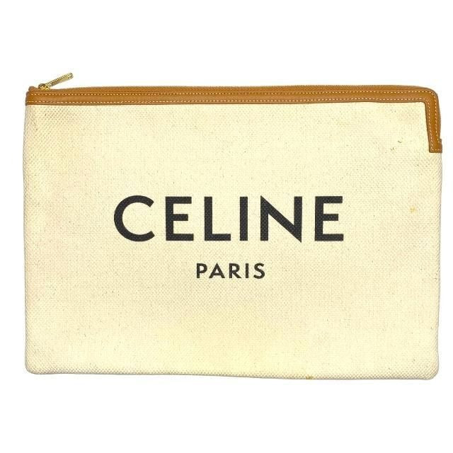 Celine Clutch Bag Second Large Pouch Handbag Logo Canvas Leather Ivory