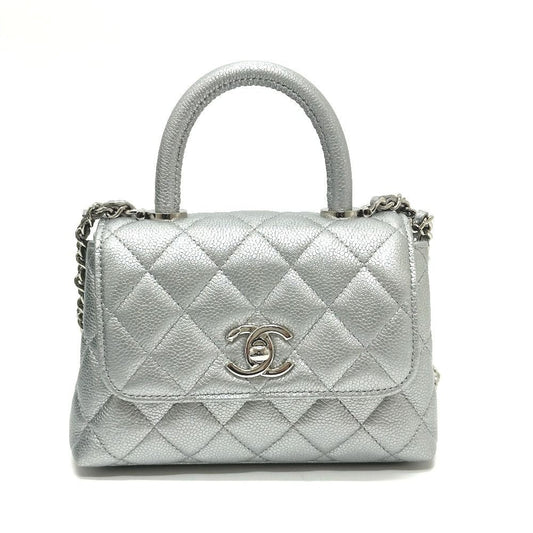Chanel Handbag Coco Handle Caviar Leather Silver