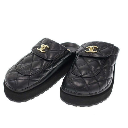 Chanel CC Turnlock Quilted Leather Mule Shoes Black 36