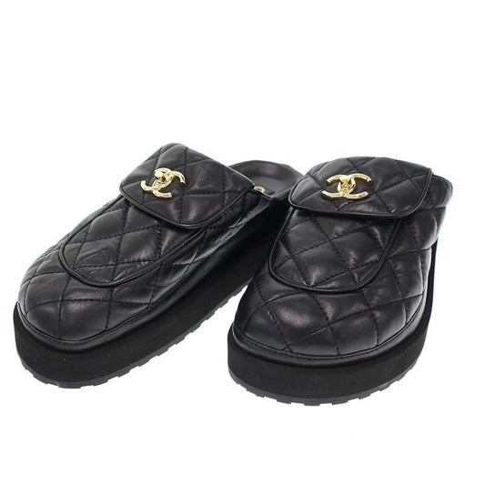 Chanel CC Turnlock Quilted Leather Mule Shoes Black 36