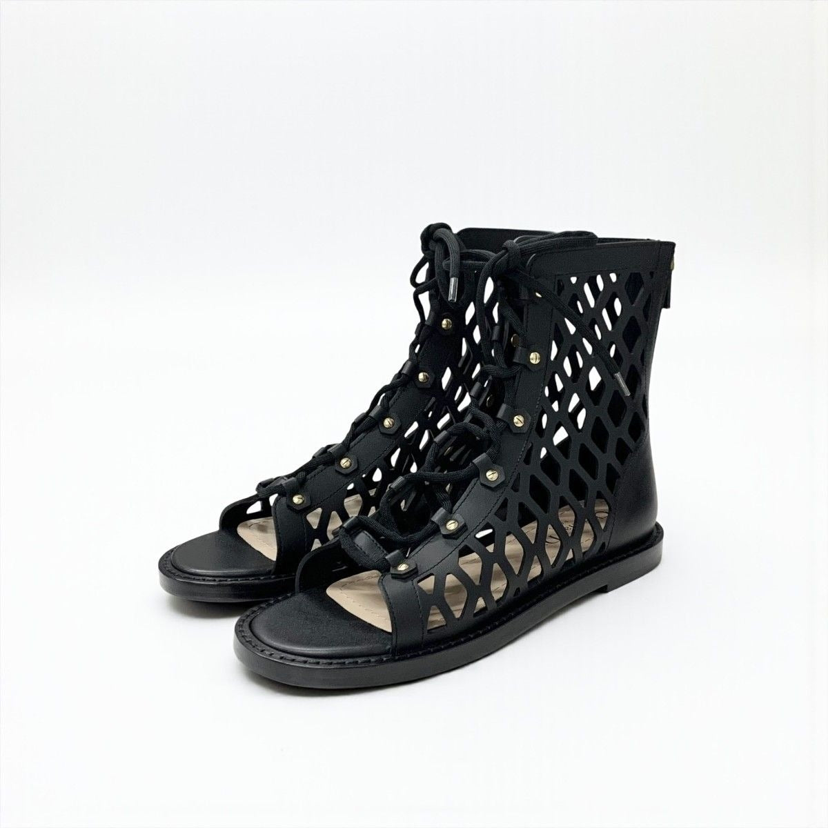 Dior D-trap Short Boots Leather Black Mesh Lace Up Sandals Open Toe