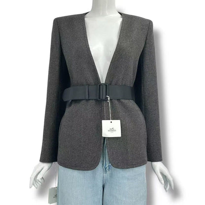 Hermes Jacket Long Sleeve Cashmere with Belt Gray