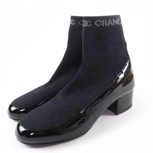 Chanel Patent Leather Logo Knit Socks Boots Ankle Black 34.5