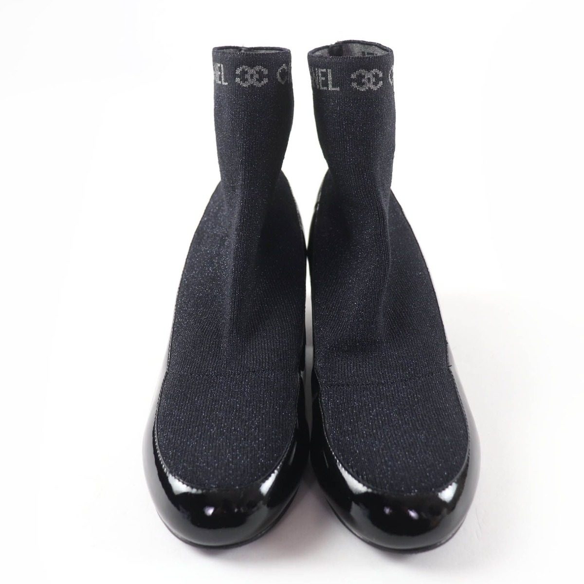Chanel Patent Leather Logo Knit Socks Boots Ankle Black 34.5 — view 3