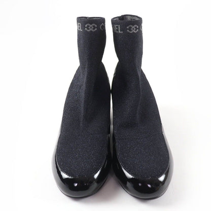 Chanel Patent Leather Logo Knit Socks Boots Ankle Black 34.5 — view 3